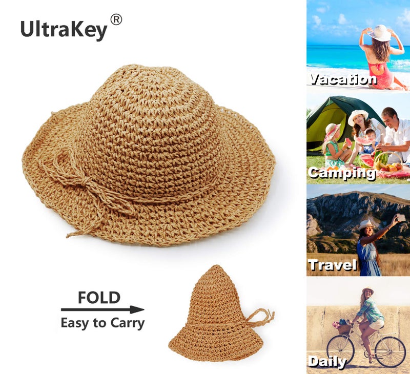 UltraKey Straw Hat, Handmade Beach Wide Brim Cap Foldable Outdoor Sun Hat Beach Headwear for Children Khaki - Image 2